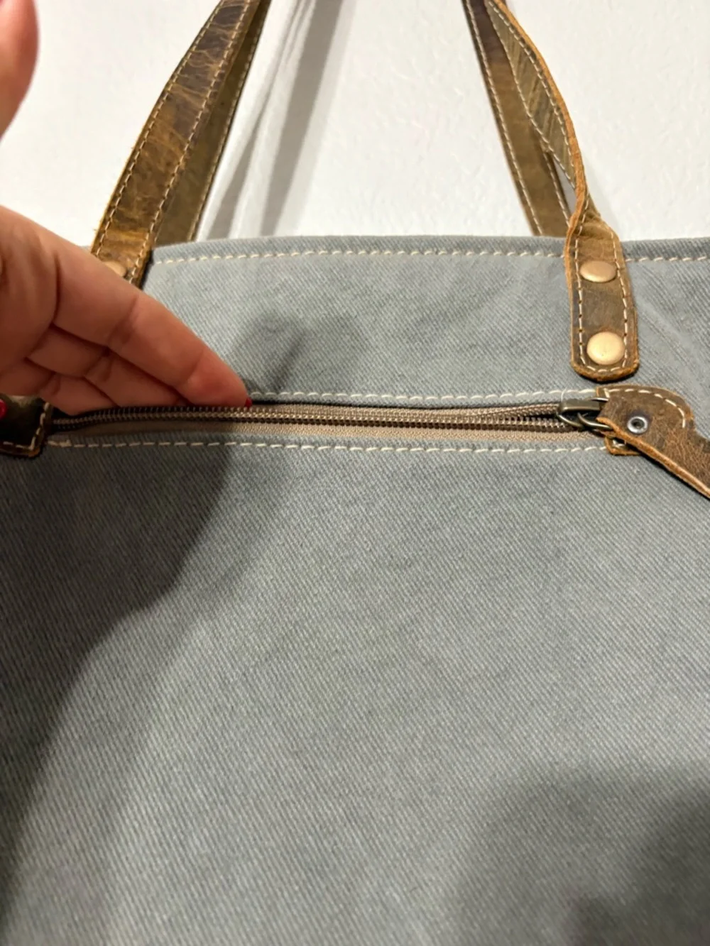 Myra Upcycled Chevron Striped Blue, Beige Gray Woven‎ Tote w Brown Leather Trim